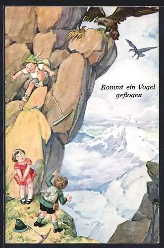 Künstler-AK Kleine Bergsteiger und Adler