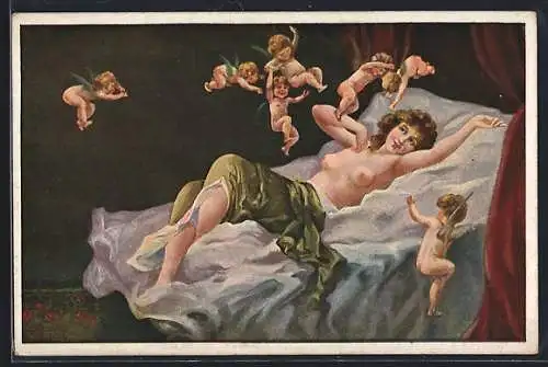 Künstler-AK A. Wagner: Fröhliches erwachen, weiblicher Akt mit Cupidos
