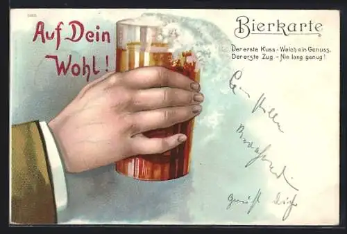 AK Mann hält ein Glas Bier, Spruch, Bierkarte