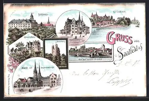 Lithographie Saalfeld a. S., Schloss, Sorbenburg, Markt mit St. Johanneskirche