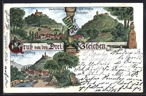 Künstler-AK Drei Gleichen, Wachsenburg, Schloss Gleichen, Mühlburg
