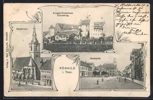 AK Römhild i. Thür., Krieger-Waisenhaus Glücksburg, Stadtkirche, Marktplatz