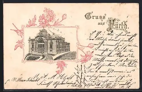 Präge-Lithographie Fürth, Blick auf das Stadttheater, Blumen-Passepartout