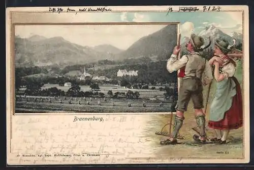 Passepartout-Lithographie Brannenburg, Panorama und Trachtern