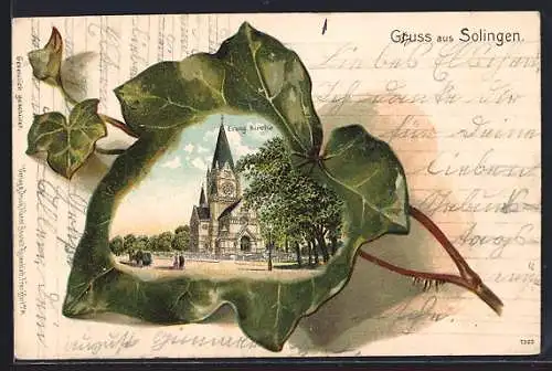 Passepartout-Lithographie Solingen, Evang. Kirche in einem Efeublatt