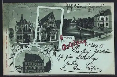 Mondschein-Lithographie Osnabrück, Walhalla, Marienkirche und Rathaus