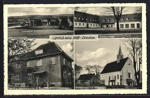 AK Leeden, Stiftskirche, Textil u. Schreibwaren H. Rogowsky und Volksschule