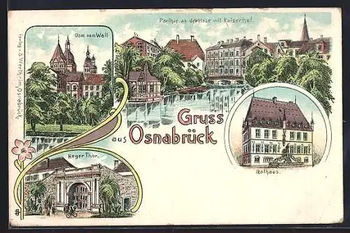 Lithographie Osnabrück, Dom vom Wall, Heger Thor, Rathaus