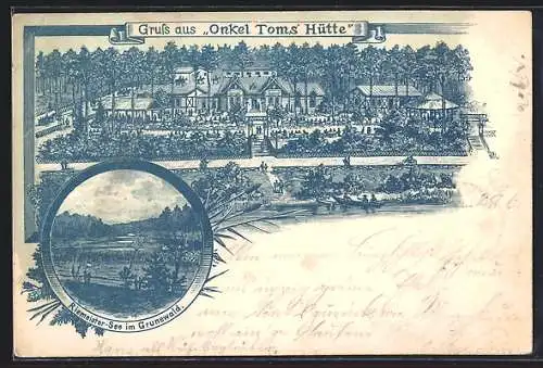 Lithographie Berlin-Zehlendorf, Gasthaus Onkel Tom's Hütte, Riemeistersee im Grunewald