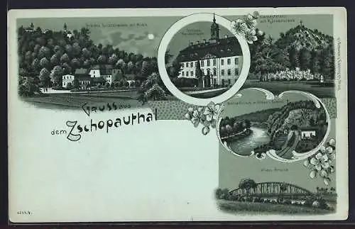 Mondschein-Lithographie Lichtenwalde /Zschopauthal, Schloss, Harrafelsen und Albert-Brücke
