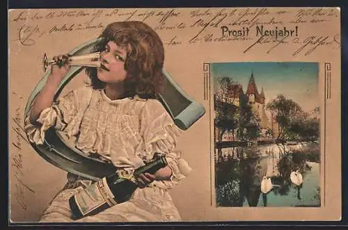 AK Augsburg, Wasserpartie mit Schwänen, Passepartout mit Mädchen und Hufeisen