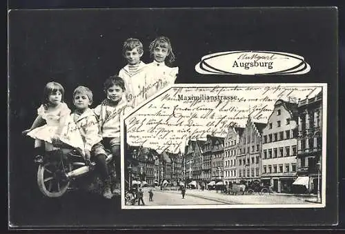 AK Augsburg, Maximilianstrasse mit Passanten, Passepartout mit Kindern