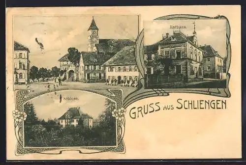 AK Schliengen, Rathaus, Schloss und Strassenpartie