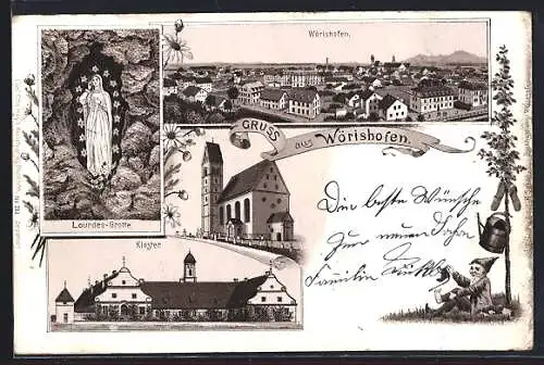 Lithographie Wörishofen, Gesamtansicht, Lourdes-Grotte, Kloster