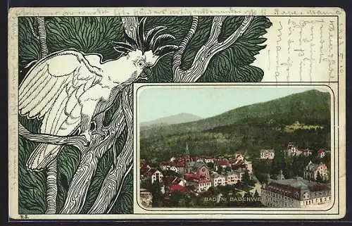 AK Badenweiler /Baden, Blick auf den Ort, Passepartout mit Kakadu