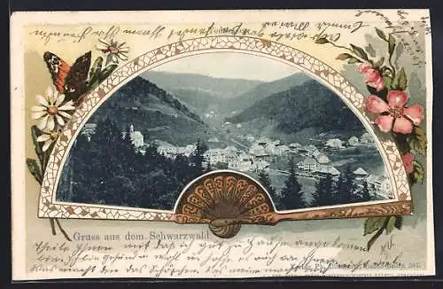 Passepartout-Lithographie Todtmoos /Schwarzwald, Blick über den Ort, Fächer mit Schmetterling