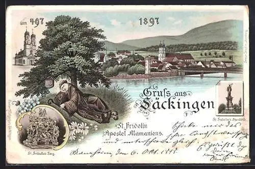 Lithographie Säckingen, Ortsansicht mit St. Fridolins Standbild