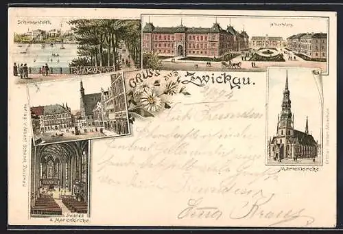 Vorläufer-Lithographie Zwickau, 1894, Marienkirche, Schwanenteich und Albertplatz