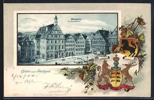 Passepartout-Lithographie Stuttgart, Marktplatz mit altem Rathaus, Passepartout mit Stadt- und württ. Wappen