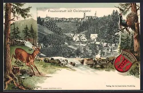 Passepartout-Lithographie Freudenstadt, Panorama mit Christophstal, Wappen