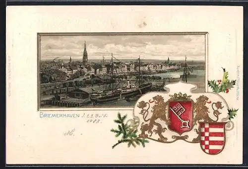 Passepartout-Lithographie Bremerhaven, Ortsansicht aus der Vogelschau mit Wappen