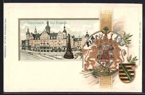 Passepartout-Lithographie Dresden, Kgl. Schloss und Wappen