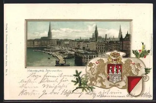 Passepartout-Lithographie Hamburg-Neustadt, Blick auf das Alsterpavillon, goldene Löwen mit Wappen