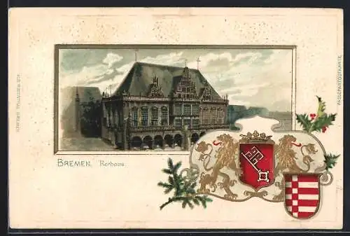 Passepartout-Lithographie Bremen, Ansicht des Rathauses, Wappen