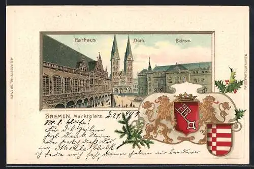 Passepartout-Lithographie Bremen, Marktplatz mit Rathaus, Dom und Börse, Wappen