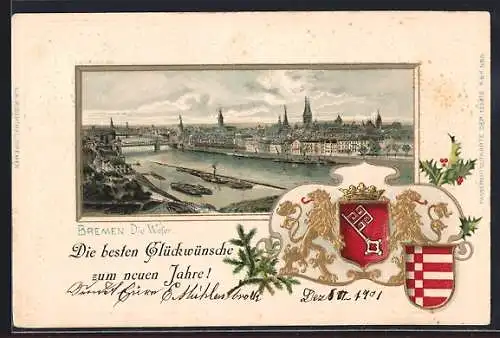 Passepartout-Lithographie Bremen, Stadt-Panorama mit Weser, Stadt-Wappen