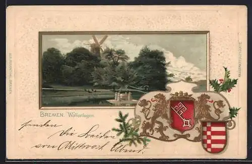 Passepartout-Lithographie Bremen, Wallanlagen, Wappen, Mühle