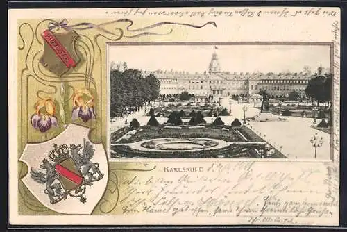 Passepartout-Lithographie Karlsruhe, Schlossgarten, Wappen