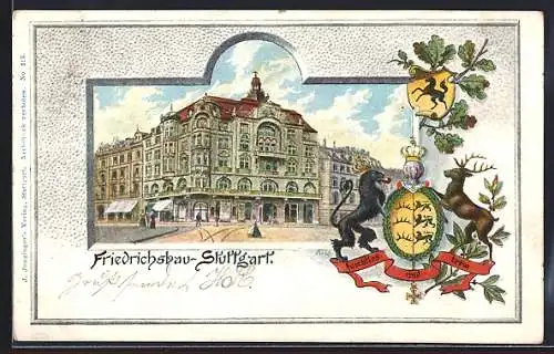 Passepartout-Lithographie Stuttgart, Friedrichsbau in der Strassenansicht, Wappen