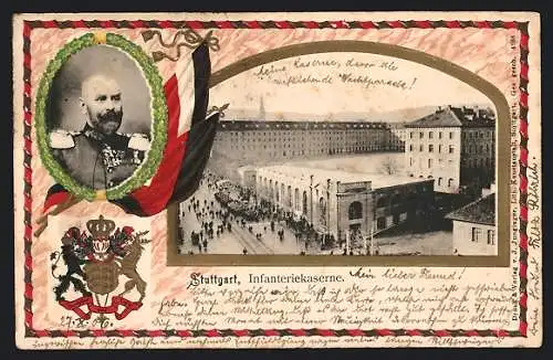 Passepartout-Lithographie Stuttgart, Infanteriekaserne mit Strassenpartie, Wappen und Porträt