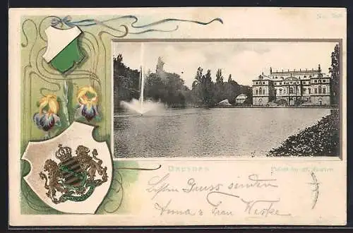 Passepartout-Lithographie Dresden, Palais im Grossen Garten, Wappen