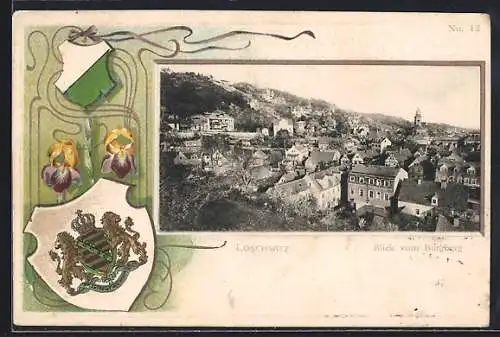 Passepartout-Lithographie Dresden-Loschwitz, Blick vom Burgberg und Wappen mit Schwertlilie
