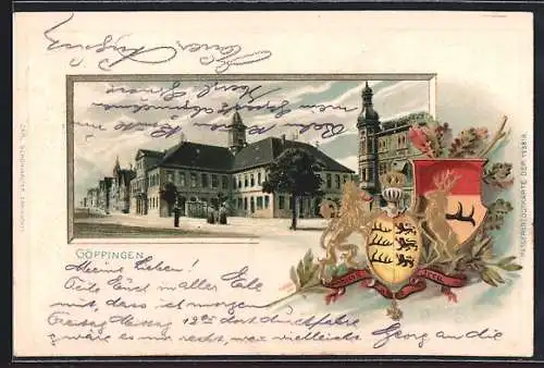 Passepartout-Lithographie Göppingen, Ortsansicht mit Wappen und Eichenzweig