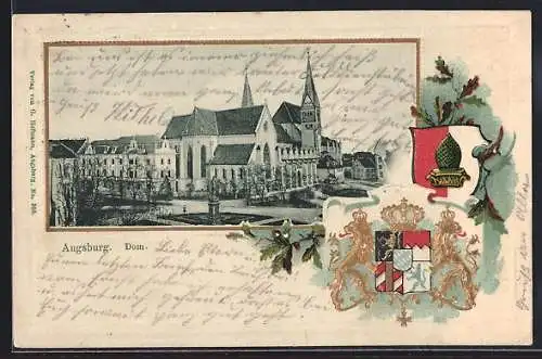 Passepartout-Lithographie Augsburg, Blick auf den Dom und Wappen mit Eichenzweig