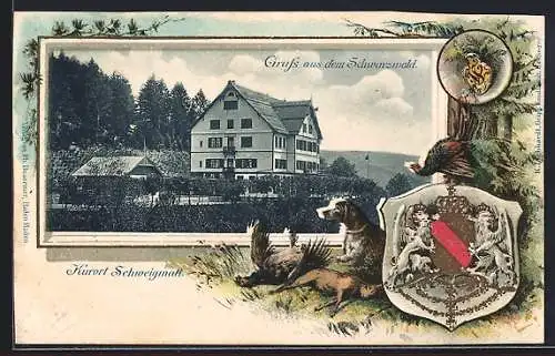 Passepartout-Lithographie Schweigmatt /Schwarzwald, Ortsansicht und Wappen
