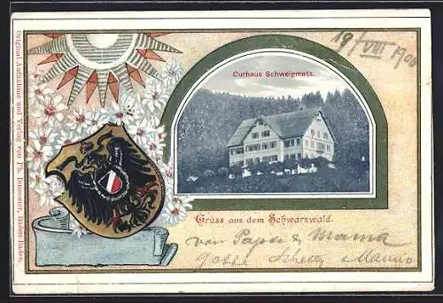 Passepartout-Lithographie Schweigmatt /Schwarzwald, Curhaus und Wappen