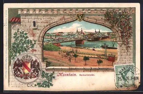 Passepartout-Lithographie Mannheim, Neckarbrücke, Burgmauer mit Wappen