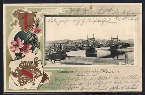 Passepartout-Lithographie Mannheim, Neckarbrücke und Wappen