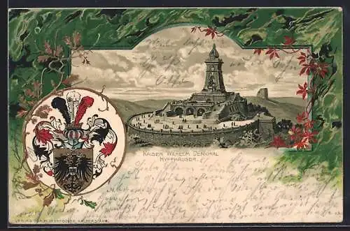 Lithographie Kyffhäuser, Wappen und Kaiser Wilhelm-Denkmal