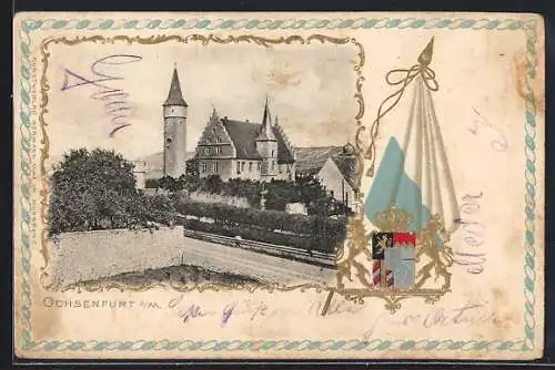 Passepartout-Lithographie Ochsenfurt a. M., Ortsansicht mit Wappen und Fahne