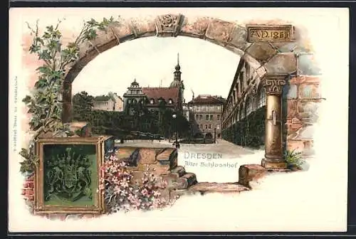 Passepartout-Lithographie Dresden, Partie im alten Schlosshof, Ortswappen