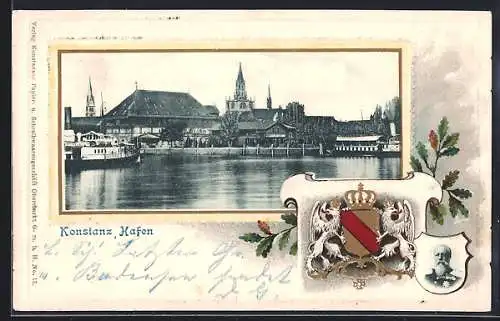 Passepartout-Lithographie Konstanz, Dampfer König Wilhelm im Hafen, Wappen, König Wilhelm I. v. Württemberg