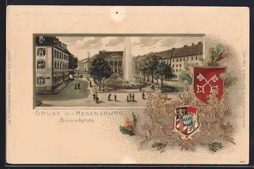 Passepartout-Lithographie Regensburg, Wappen und Bismarckplatz
