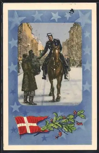 AK König von Dänemark zu Pferde im Winter, Flagge