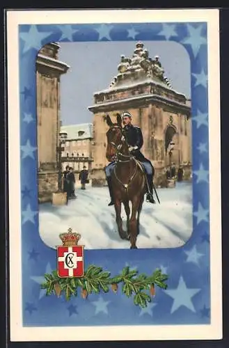 AK Christian X. von Dänemark zu Pferd am Eingang zum Schloss