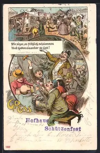 AK Volksfest, Stände, Fahrgeschäfte, fröhliche und feiernde Leute um 1900